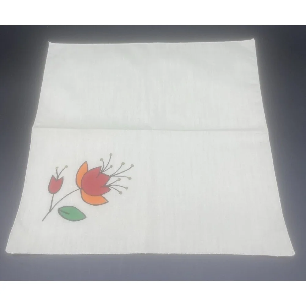 Cream Cloth Napkins W/ Bright Stenciled Flowers Orange Red Flowers 14.5” - 4‎